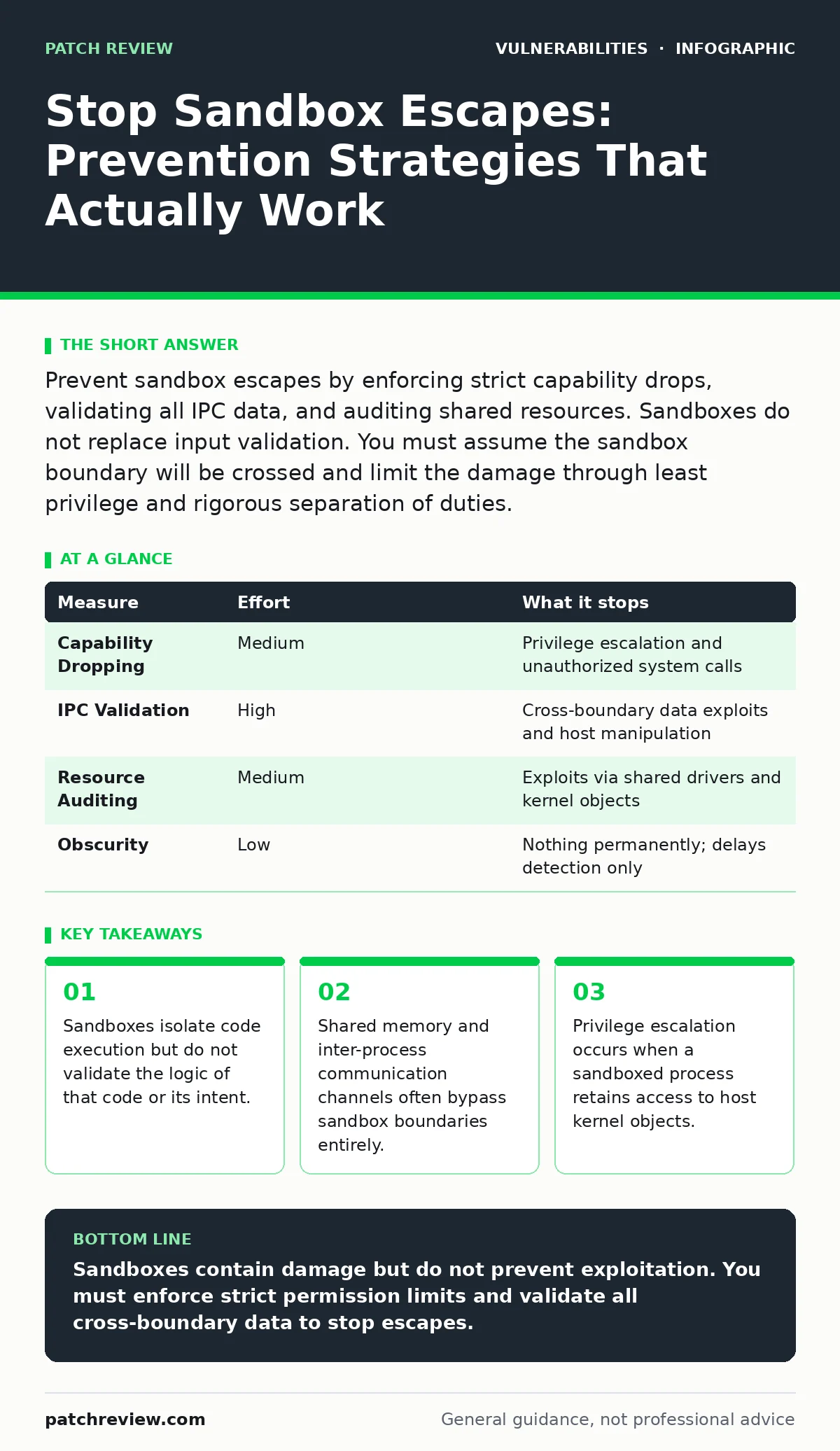 Infographic: Stop Sandbox Escapes: Prevention Strategies That Actually Work. Sandboxes isolate code execution but do not validate the logic of that code or its intent. Shared memory and inter-process communication channels often bypass sandbox boundaries entirely. Privilege escalation occurs when a