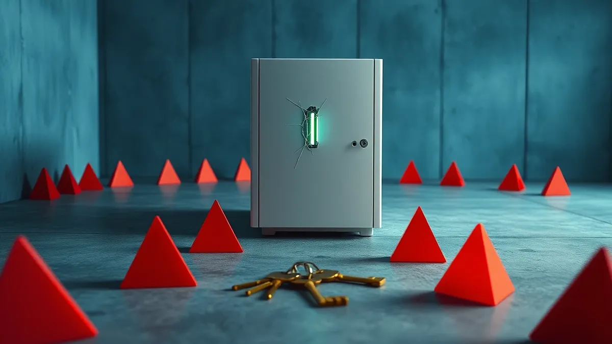 Illustration: A sleek white email server sits isolated on a concrete floor, surrounded by a jagged ring of sharp red warning triangles.