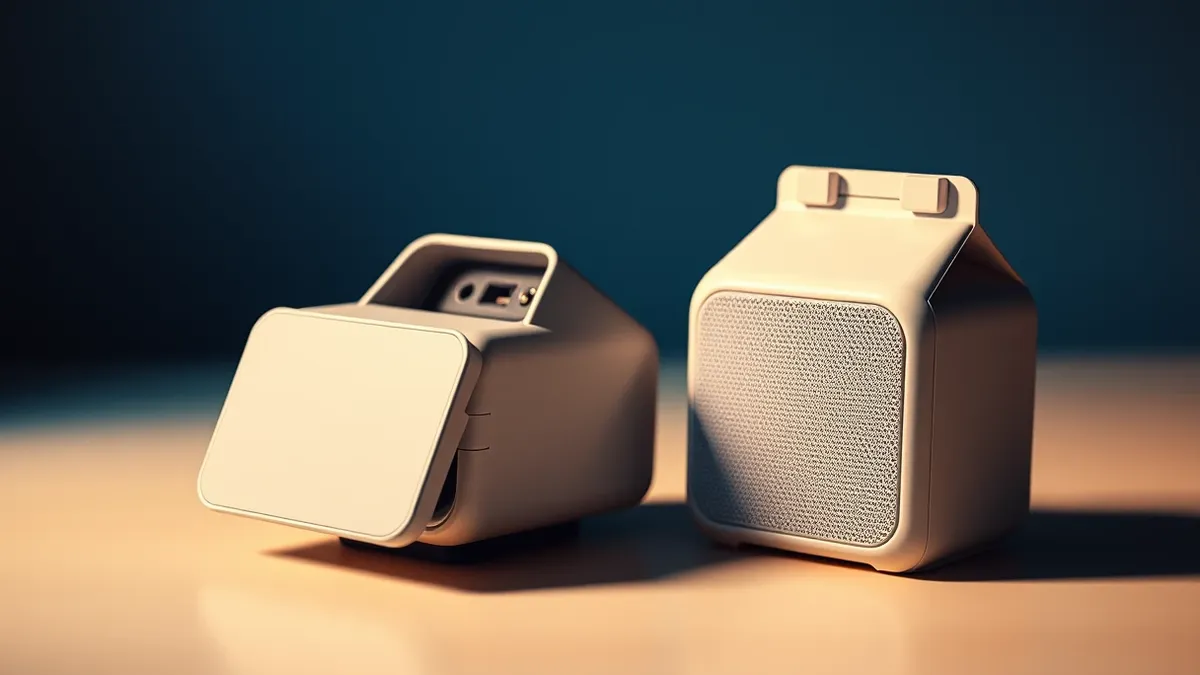 Illustration: Two portable speakers with smooth, milk carton-like shells sit on a plain surface.