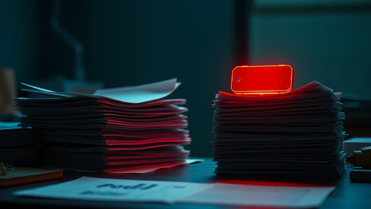Illustration: A messy desk holds a stack of blank paper reports next to a single, glowing red digital key that floats in the air.