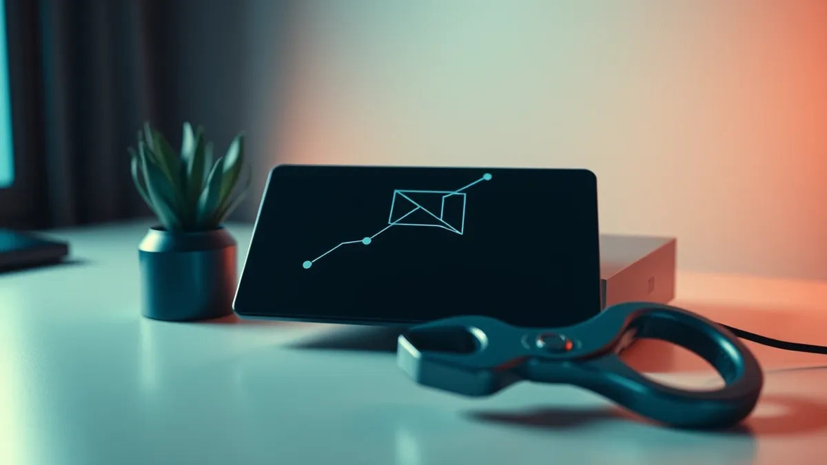 Illustration: A sleek remote support software interface sits on a clean desk, its connection lines severed by a bold digital patch icon.