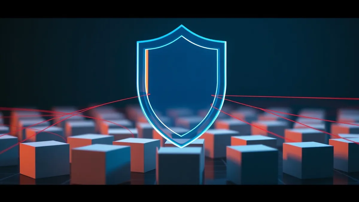 Illustration: A translucent blue shield hovers over a cluster of floating geometric server blocks.