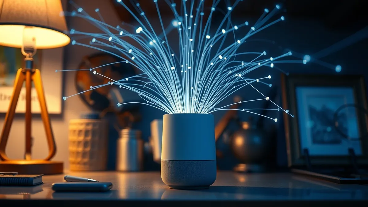 Illustration: A white smart speaker sits on a cluttered kitchen counter.