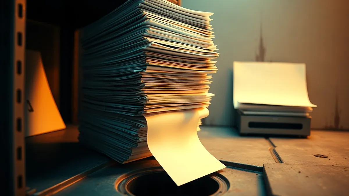 Illustration: A towering, precarious stack of blank paper files wobbles precariously on a metal shelf.