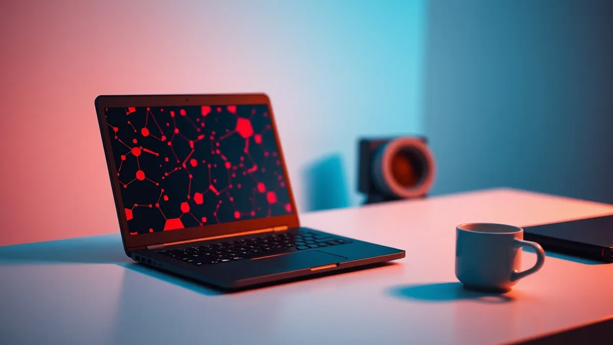 Illustration: A single black laptop sits open on a stark white desk, its screen displaying a chaotic grid of abstract red and black geometric shapes.