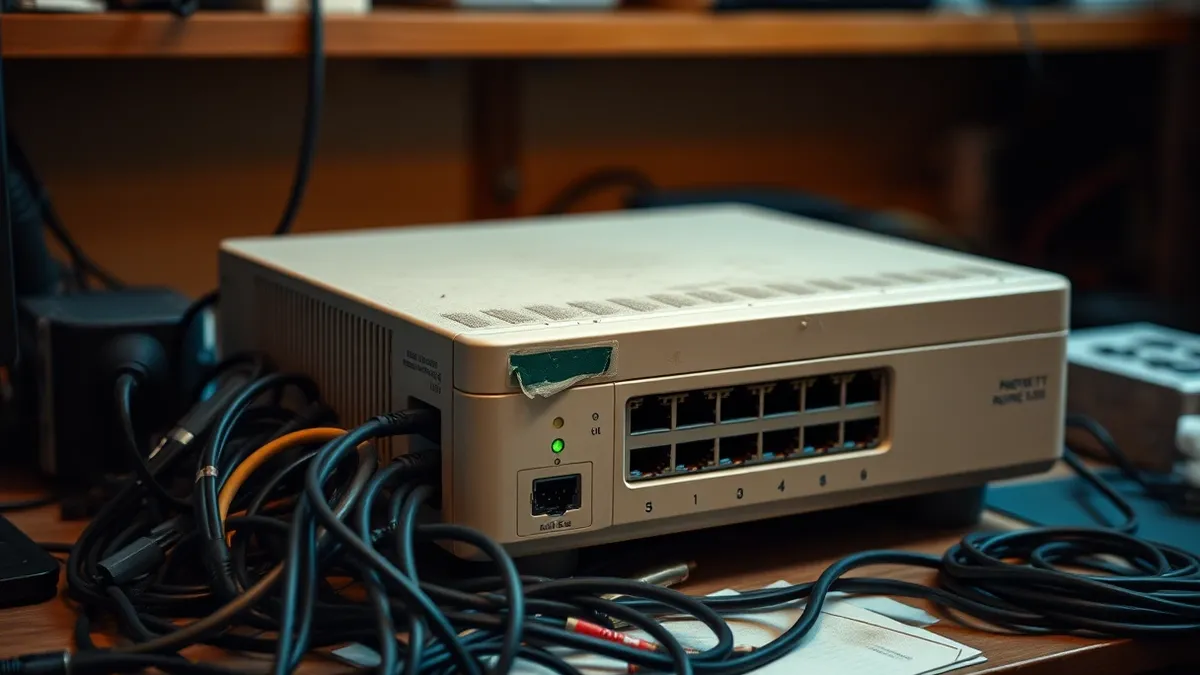 Illustration: A beige network appliance sits on a cluttered desk.