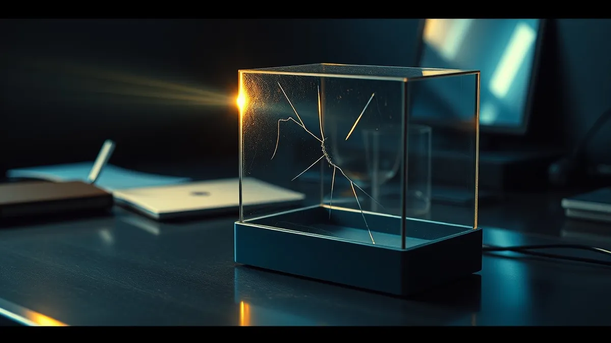 Illustration: A shielded glass box sits on a metal desk while distorted light rays bounce between it and a mirror, disrupting the clear beam inside.