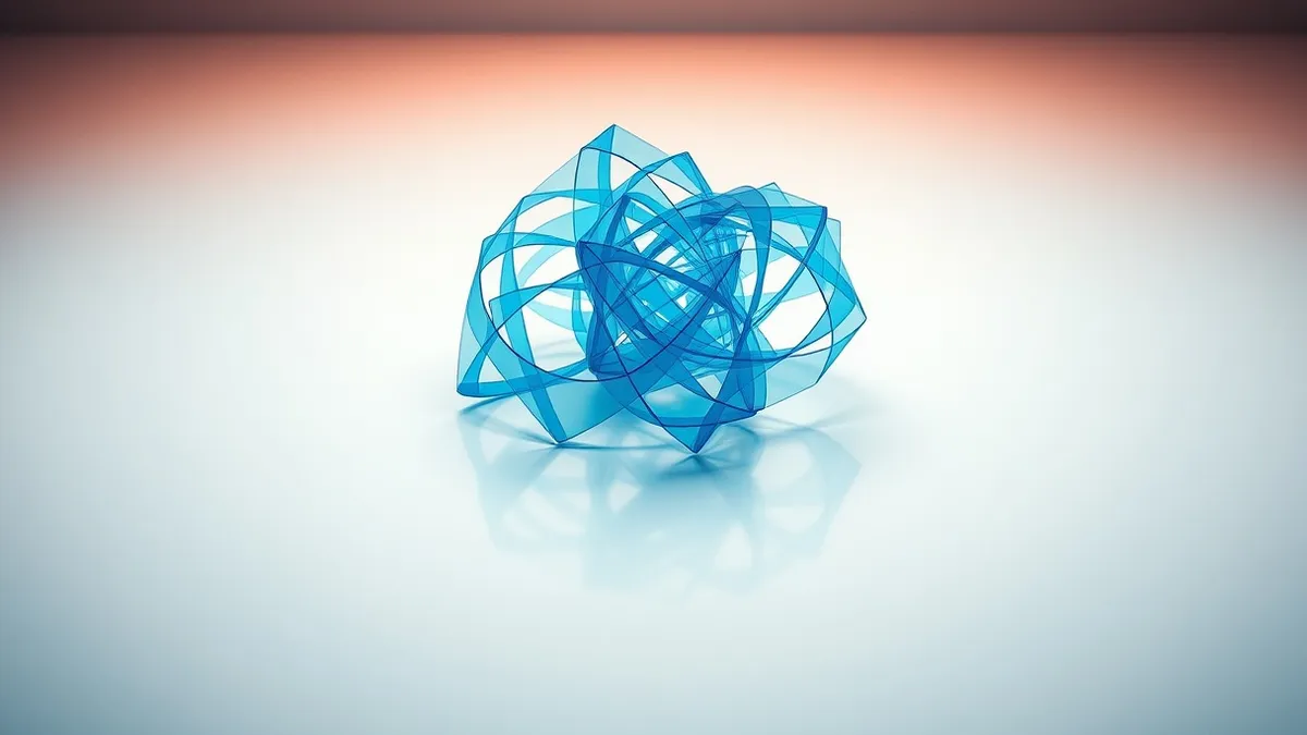 Illustration: A tangled knot of translucent blue geometric shapes sits at the center of a smooth white surface.