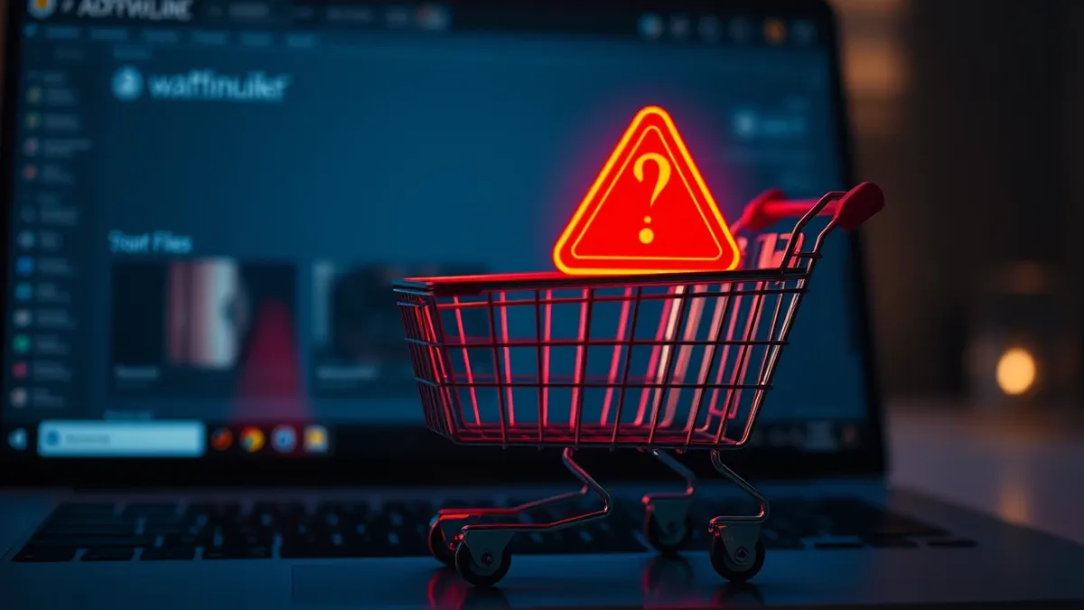 Illustration: A glowing red warning icon hovers over a stylized e-commerce checkout cart on a digital interface.