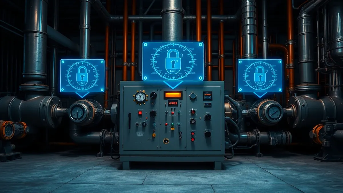 Illustration: A sleek industrial control panel sits on a concrete floor, surrounded by heavy metallic valves and thick pipes.