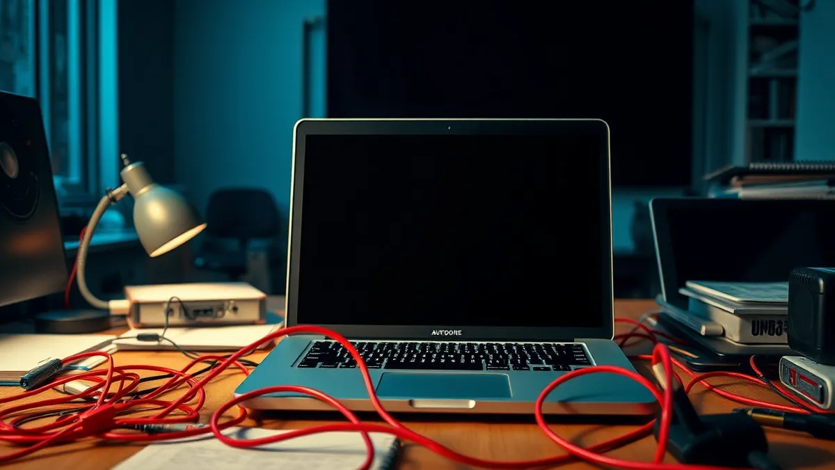 Illustration: A cluttered office desk holds a single, isolated laptop with a blank, dark screen.