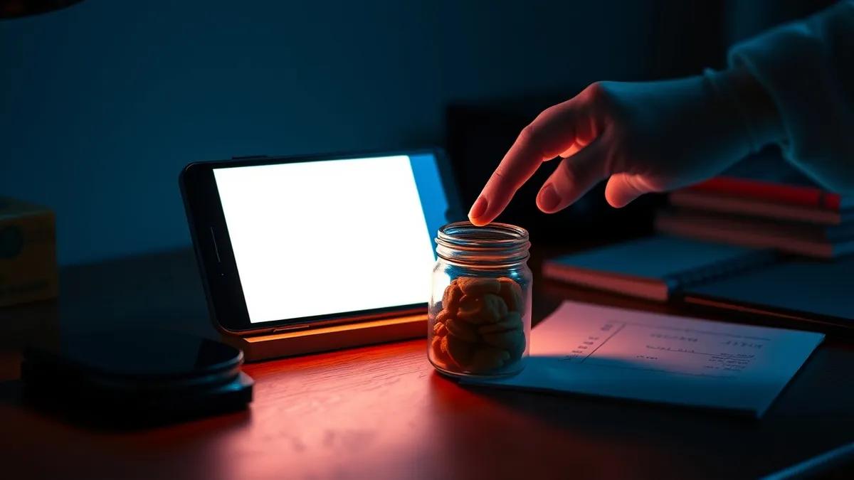 Illustration: A small wooden desk holds a single glowing smartphone displaying a blank browser window.