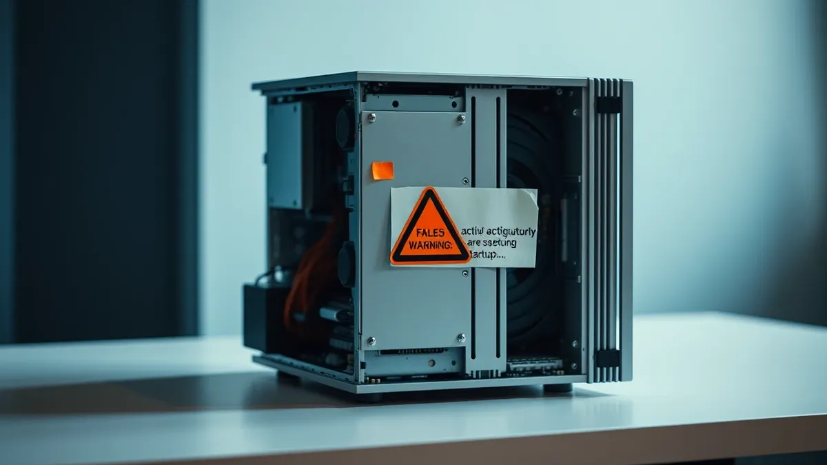 Illustration: A solitary server chassis sits on a plain desk, its side panel removed to reveal intricate circuit boards and cooling fans.