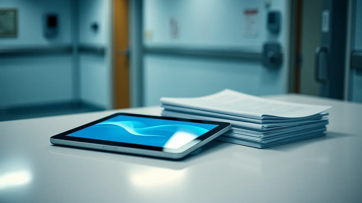 Illustration: A sleek tablet rests on a sterile white hospital counter, its screen displaying soft, abstract blue waves that represent digital health records.