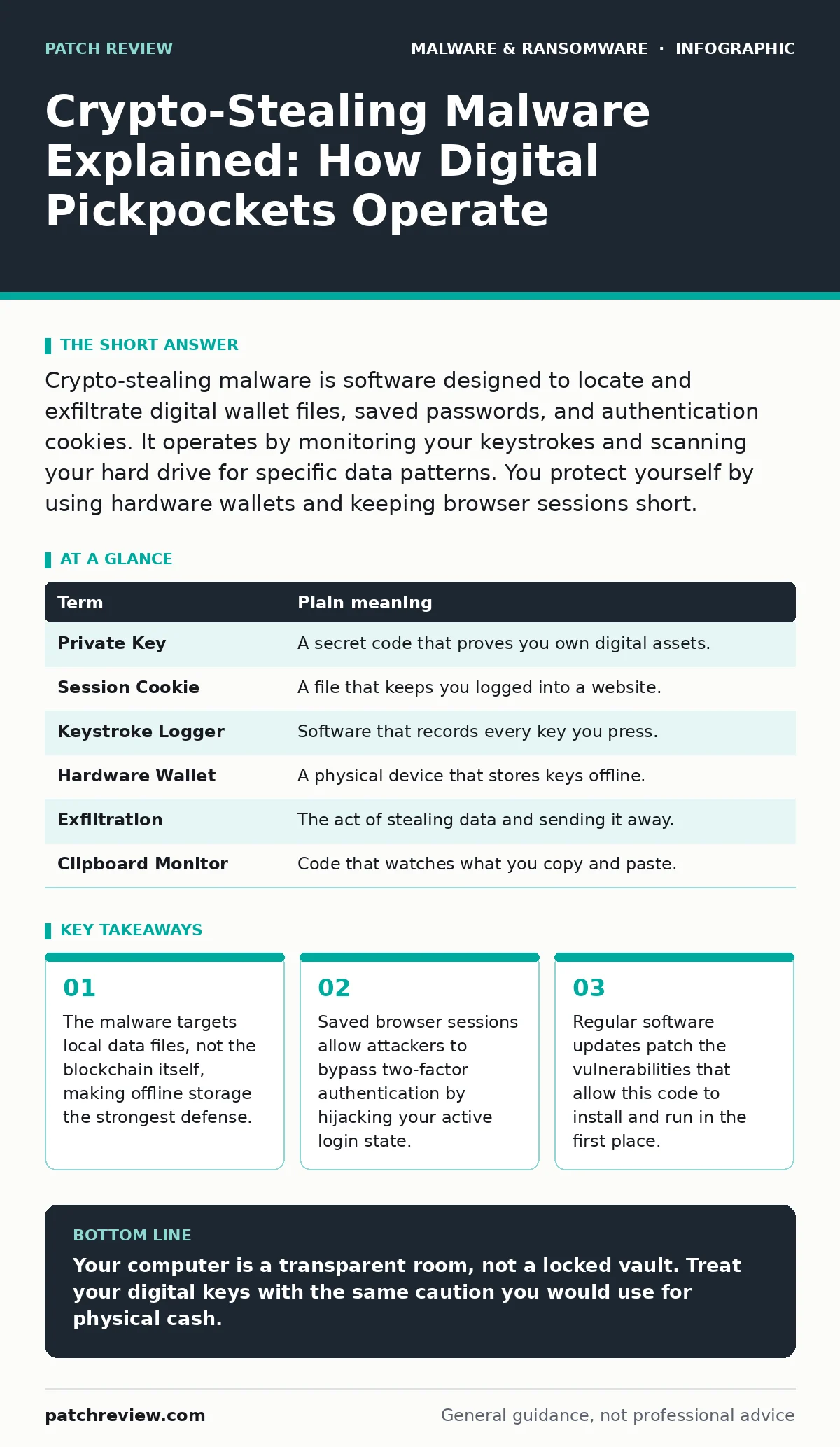 Infographic: Crypto-Stealing Malware Explained: How Digital Pickpockets Operate. The malware targets local data files, not the blockchain itself, making offline storage the strongest defense. Saved browser sessions allow attackers to bypass two-factor authentication by hijacking your active login st