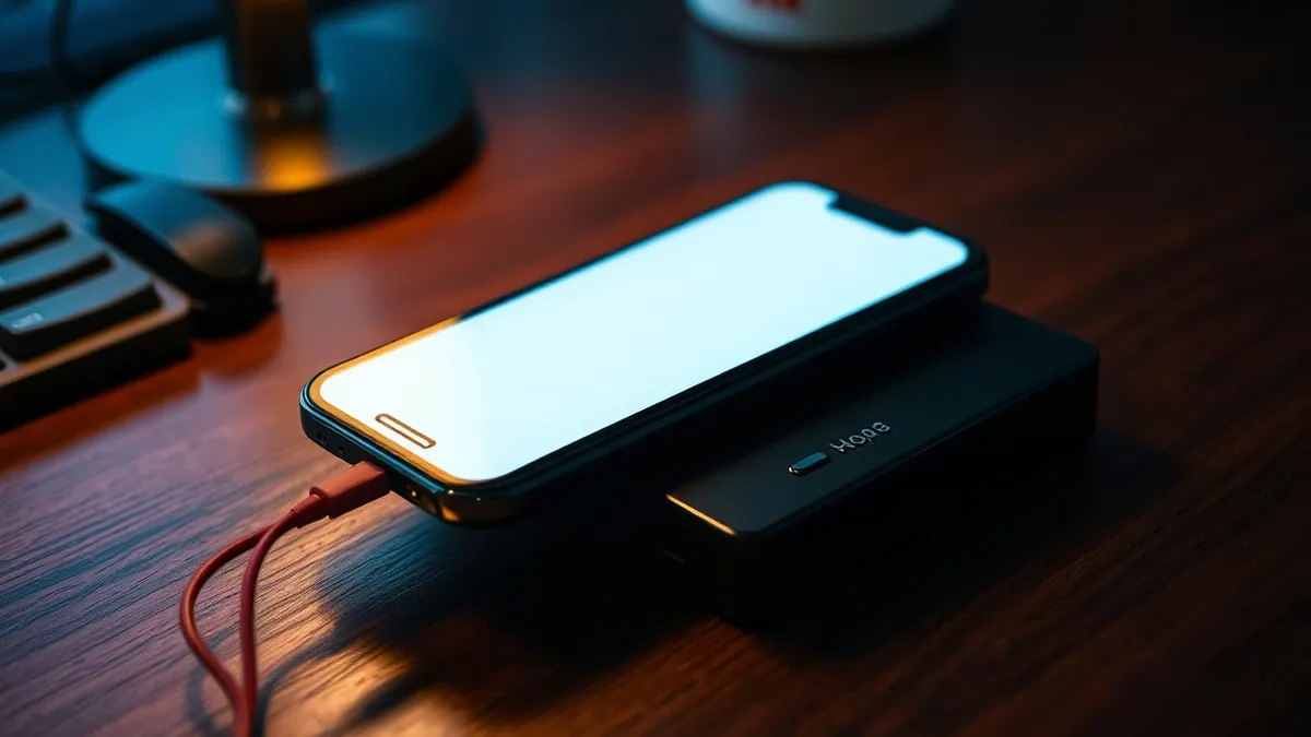 Illustration: A sleek black smartphone rests on a wooden desk, its screen displaying a blank login interface.