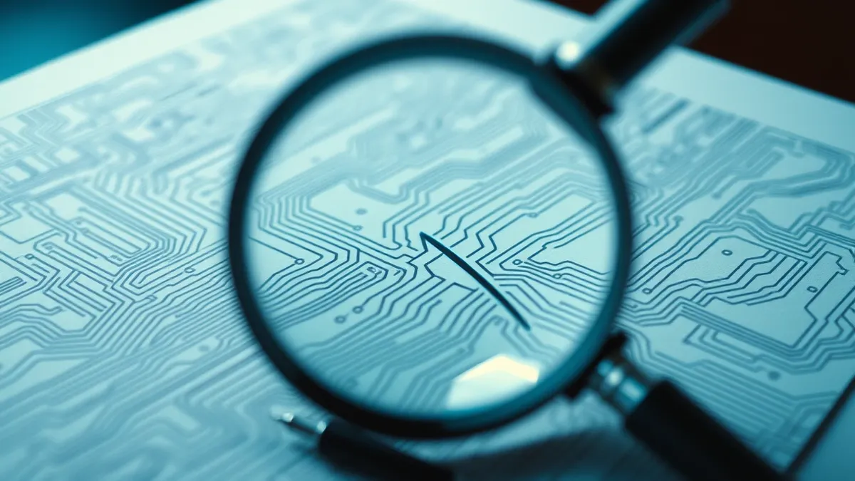 Illustration: A magnifying glass hovers over a sheet of paper covered in intricate, hand-drawn geometric patterns resembling circuit traces.