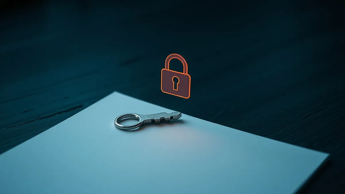 Illustration: A small silver key rests on a dark wooden surface beside a blank sheet of paper.