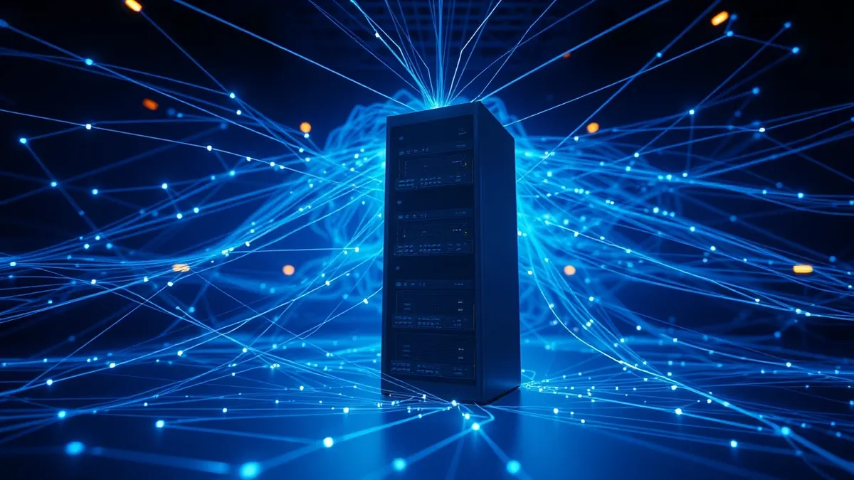 Illustration: A massive, intricate network of glowing blue lines represents the abstract global protocol structure, connecting to a single, solid physical tower server that acts as