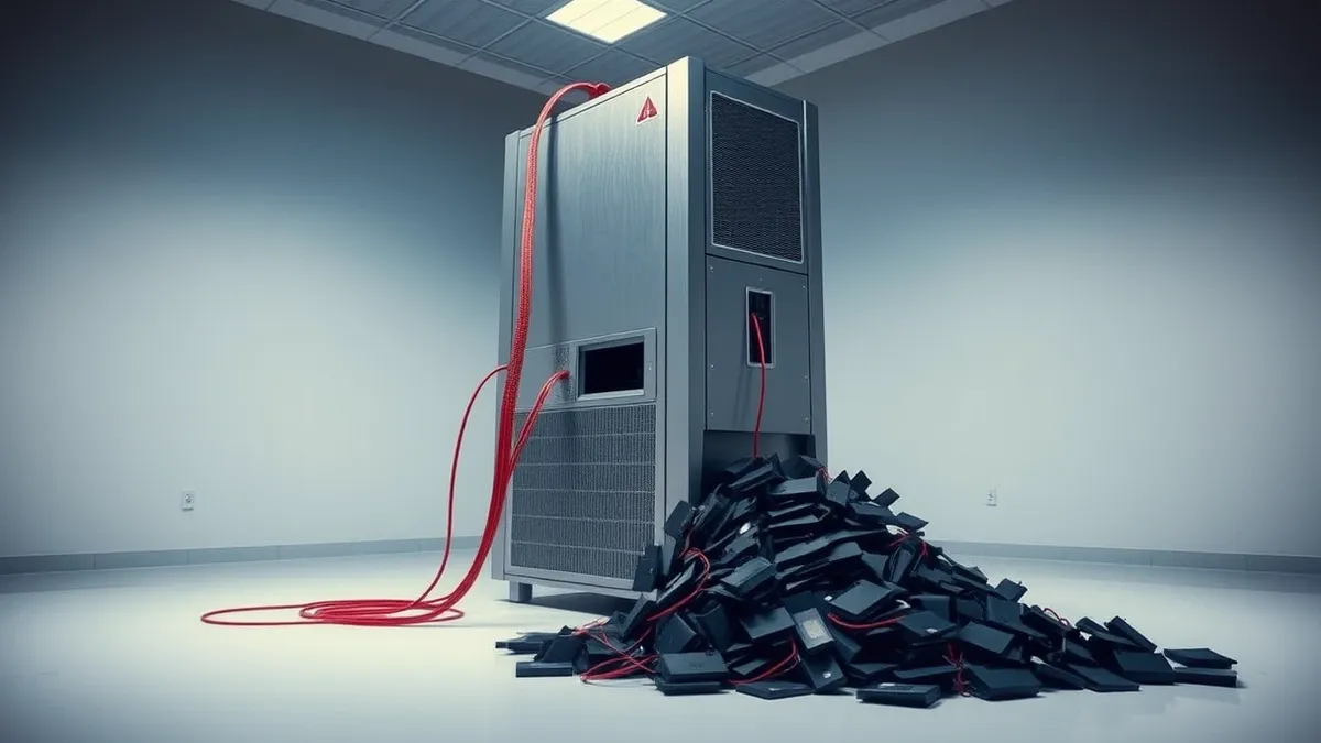 Illustration: A sleek silver mainframe server stands in a quiet room while a tangled red wire snakes from a generic computer terminal into its intake slot.