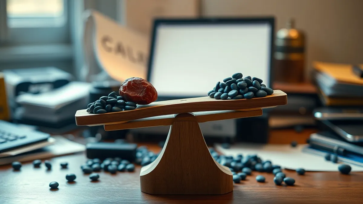 Illustration: A wooden balance scale sits on a cluttered desk, holding a single heavy red stone on one side and a pile of tiny blue pebbles on the other.