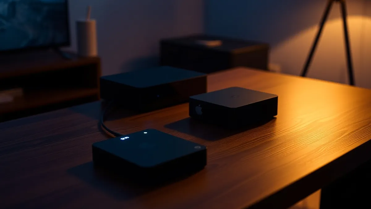 Illustration: A sleek black media streaming box sits on a wooden table next to a large external hard drive.