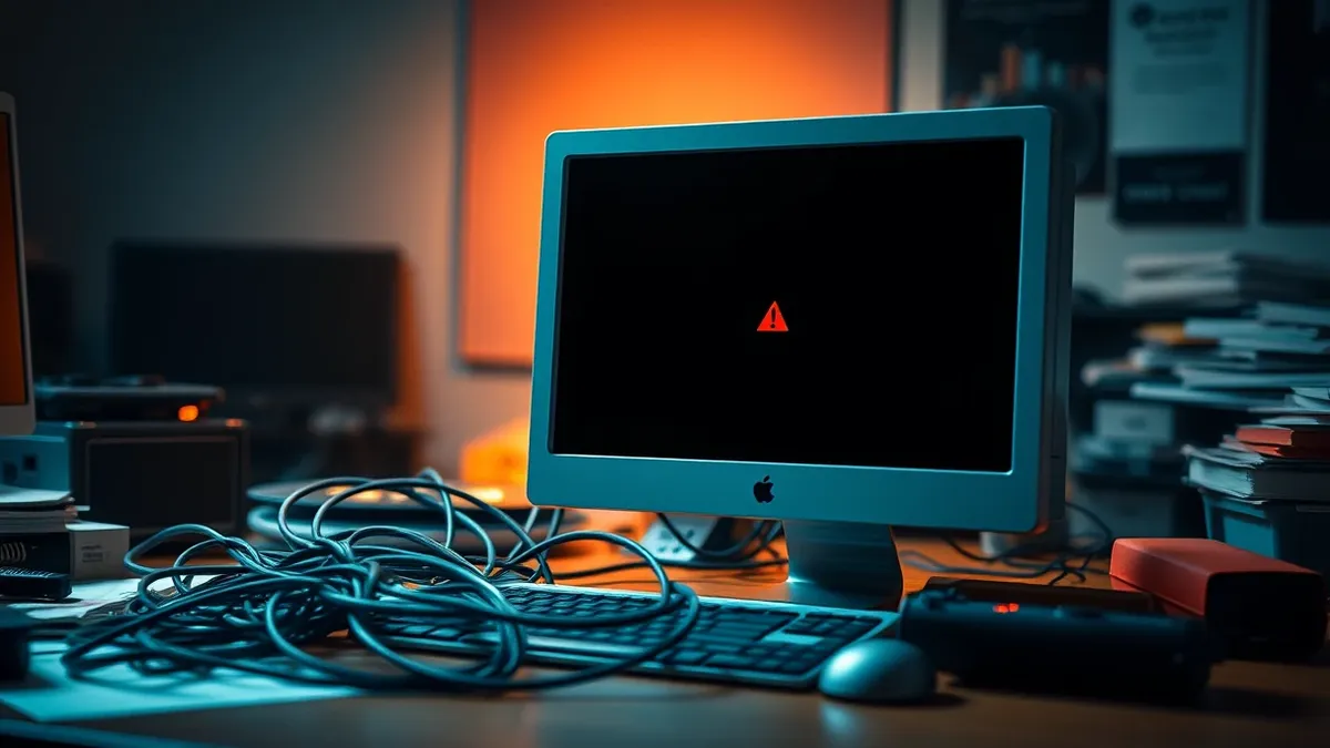 Illustration: A generic desktop computer sits on a cluttered office desk, its blank monitor displaying a single red warning triangle.