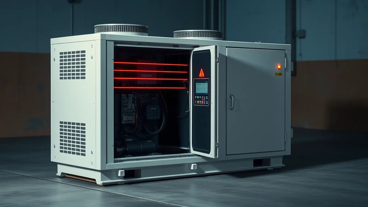 Illustration: A white refrigeration compressor unit sits on a concrete floor with its side panel removed to expose internal circuitry.