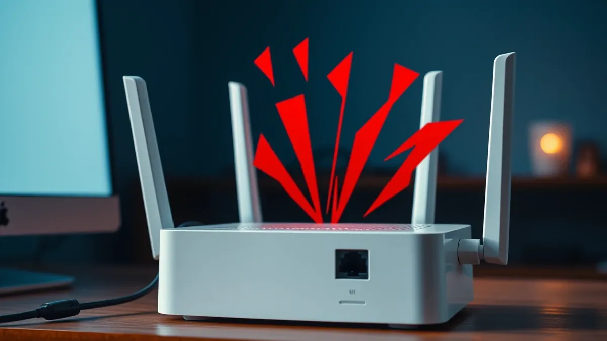 Illustration: A white wireless router sits on a wooden desk with its ethernet cable unplugged.