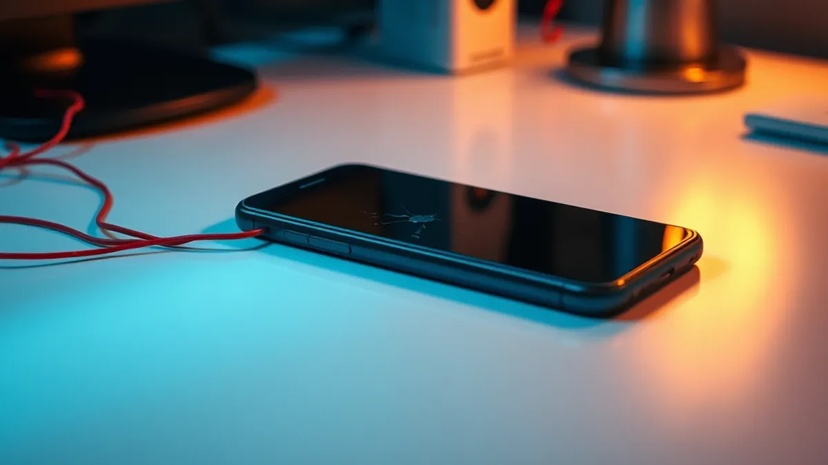 Illustration: A solitary smartphone rests on a clean white desk, its screen dark and inactive while thin red digital wires pulse erratically beneath the casing.