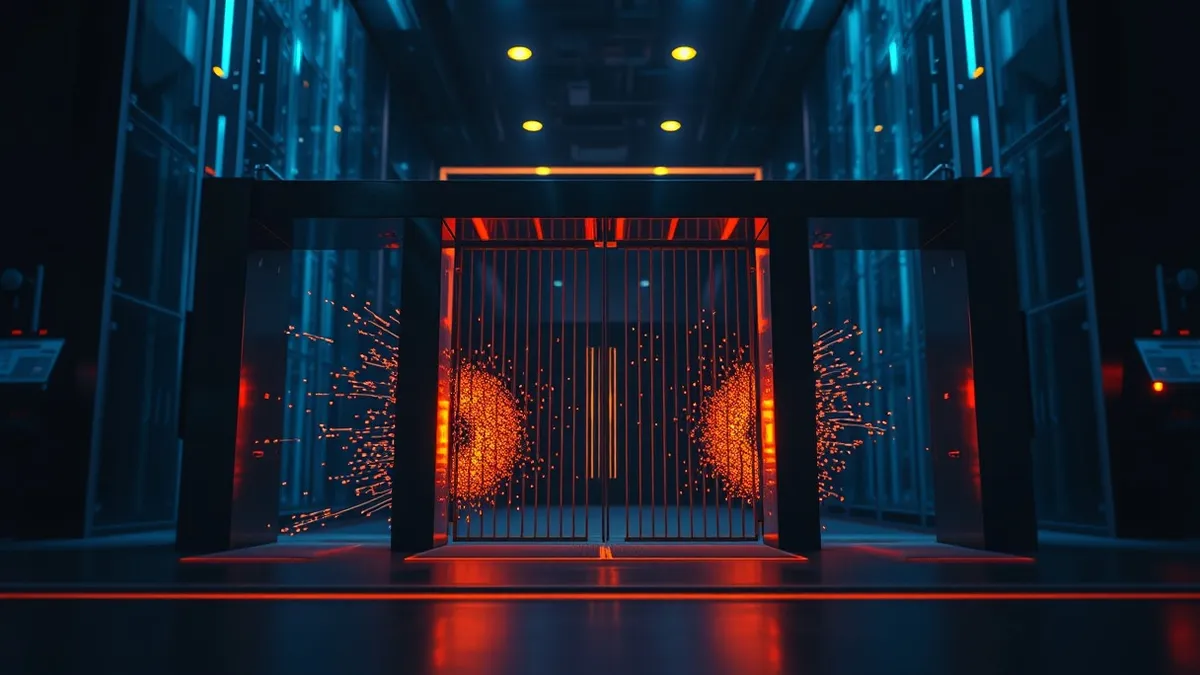 Illustration: A sleek, metallic traffic gate stands before a glowing network entrance, filtering streams of abstract light particles.