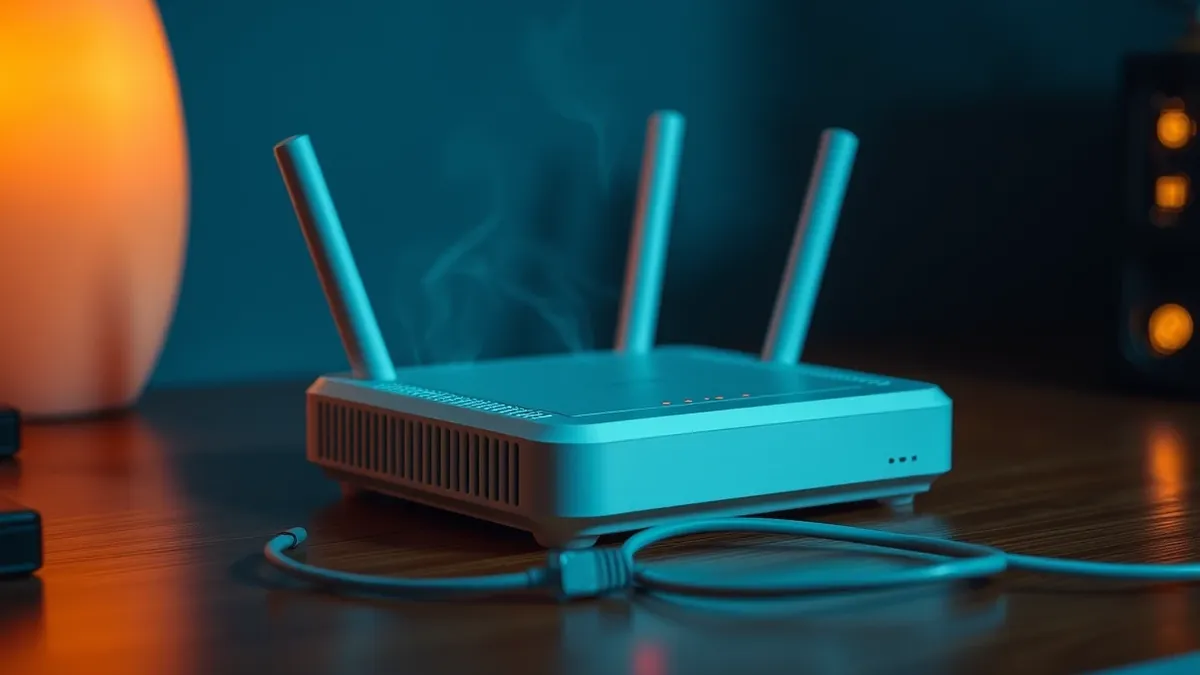 Illustration: A small white wireless gateway sits on a wooden desk, its status lights flashing erratically in red and amber.