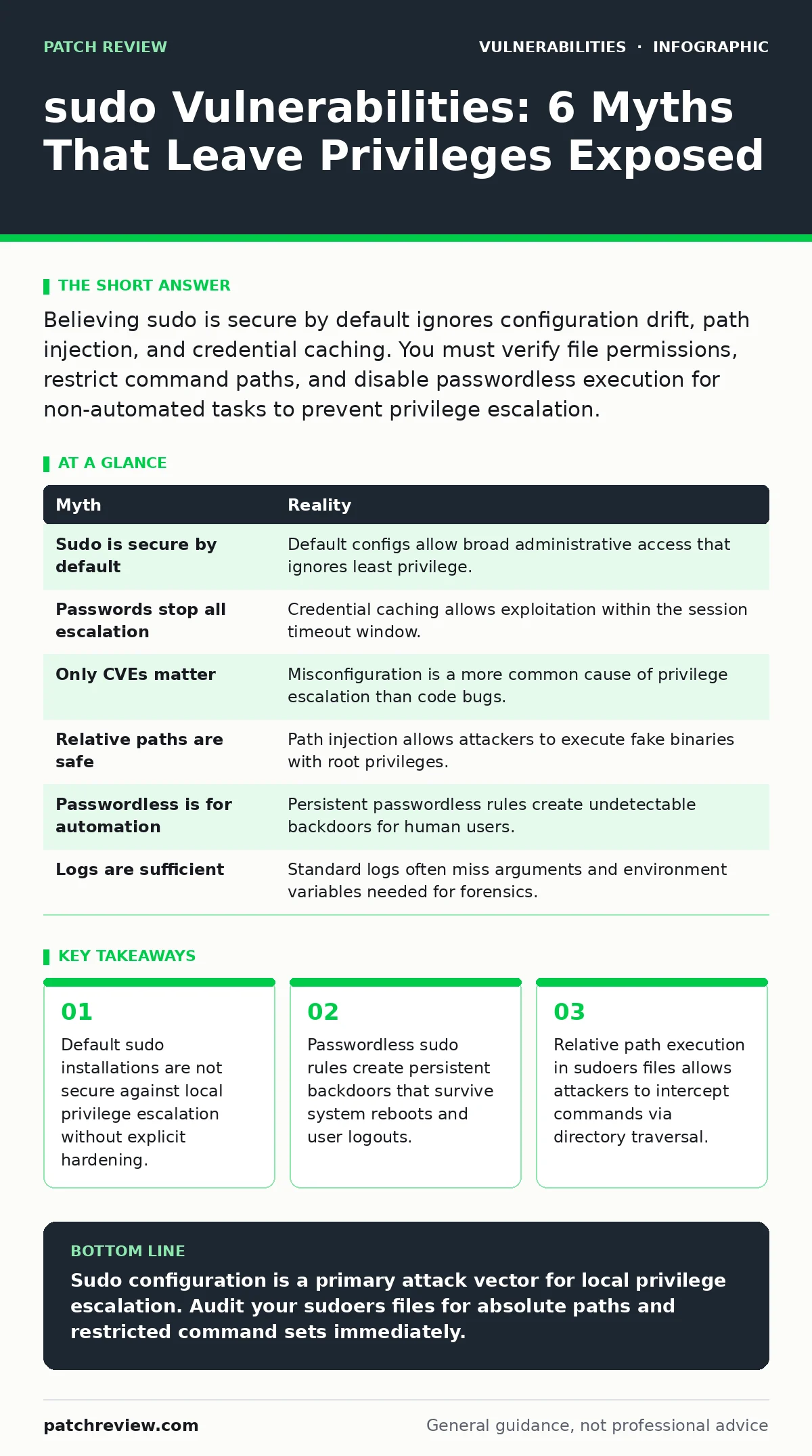 Infographic: sudo Vulnerabilities: 6 Myths That Leave Privileges Exposed. Default sudo installations are not secure against local privilege escalation without explicit hardening. Passwordless sudo rules create persistent backdoors that survive system reboots and user logouts. Relative path execution