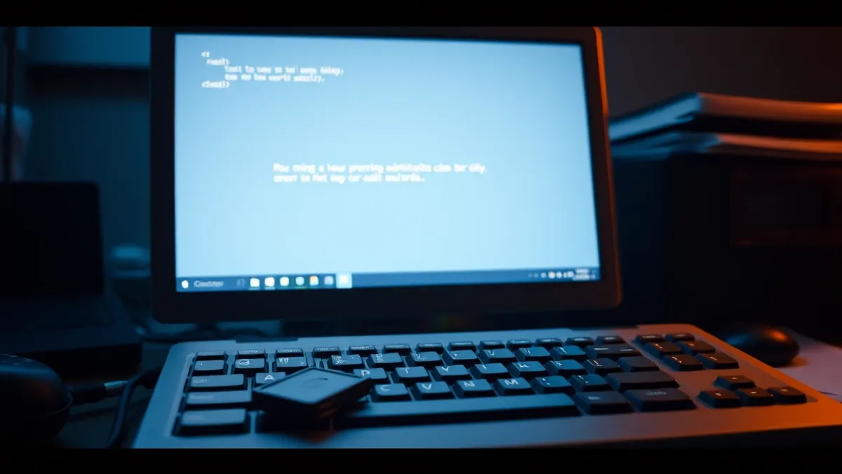 Illustration: A generic terminal window sits on a cluttered desk, displaying a simple command prompt with a blank input line.