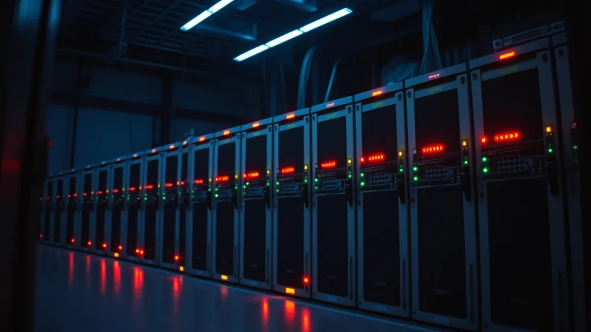 Illustration: A row of gray server blades sits in a dim room with several unit lights blinking amber instead of green.