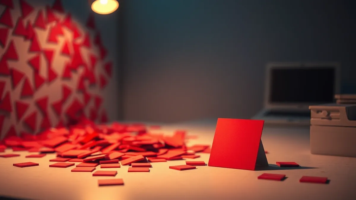 Illustration: A chaotic pile of scattered red warning tiles lies ignored in the corner, while a single high-priority red tile sits prominently on a clean desk under a focused spotl