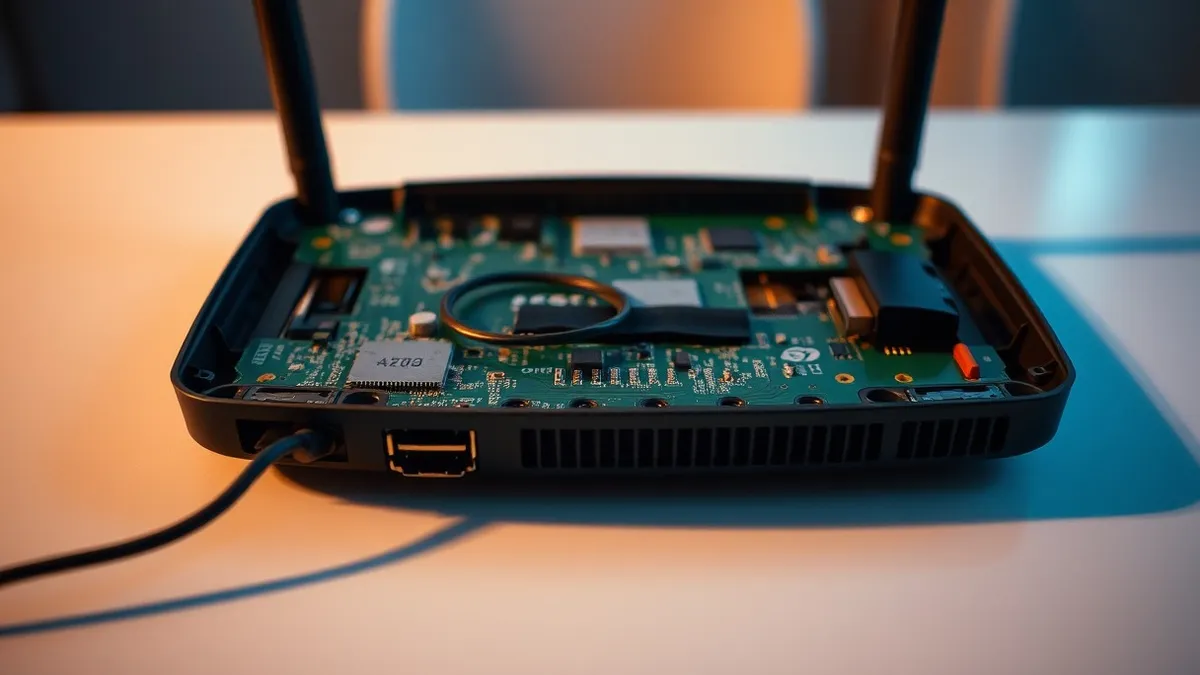 Illustration: A disassembled wireless router lies on a clean white table, exposing its green circuit board.