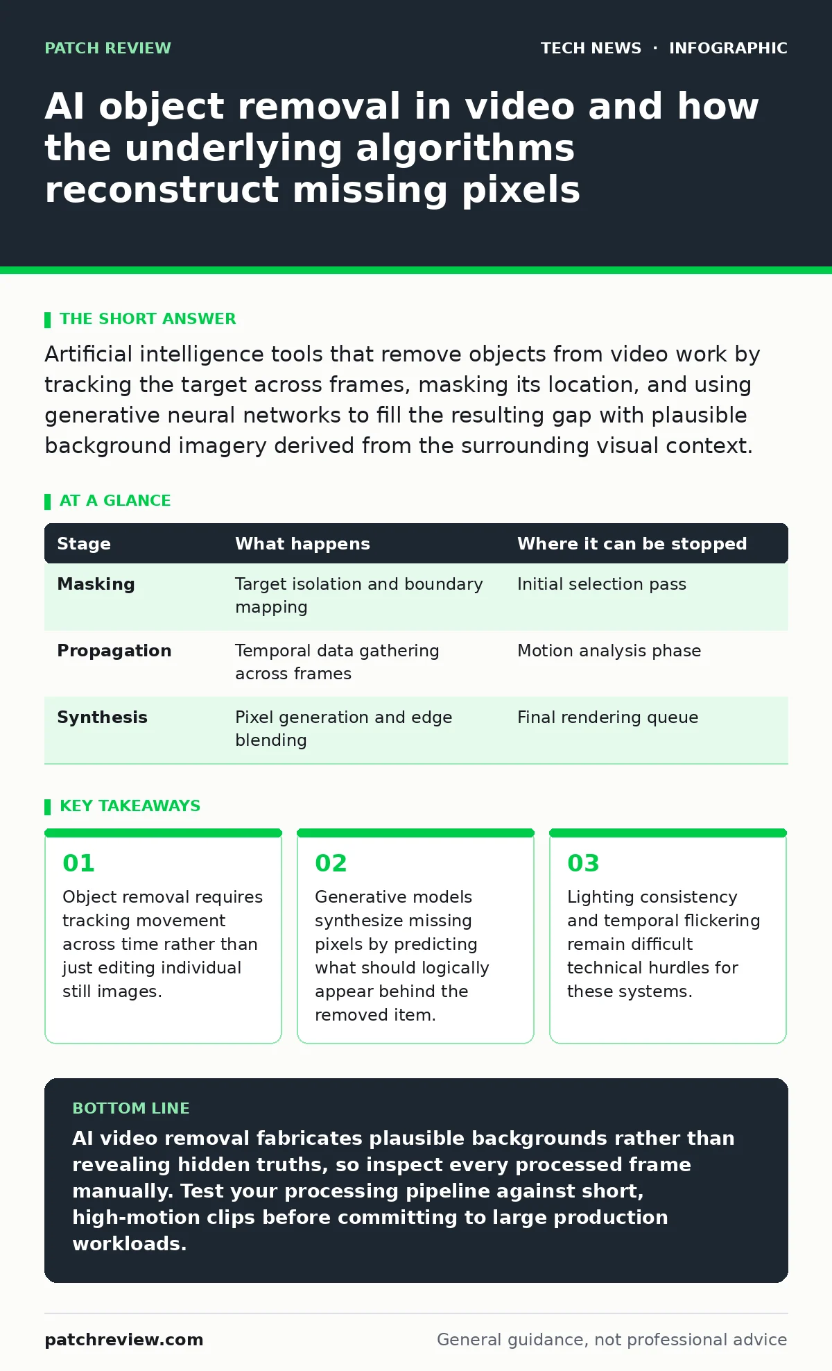 Infographic: AI object removal in video and how the underlying algorithms reconstruct missing pixels. Object removal requires tracking movement across time rather than just editing individual still images. Generative models synthesize missing pixels by predicting what should logically appear behind