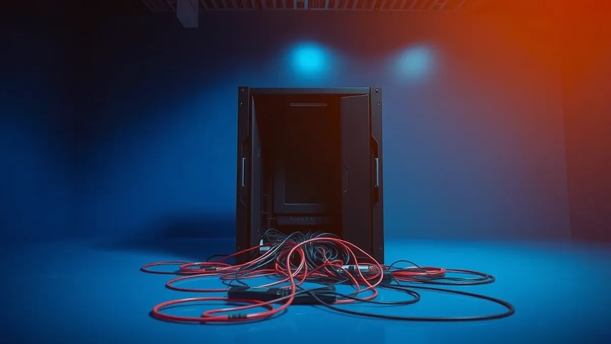 Illustration: A sleek black security server box sits isolated in a cool blue room with its front panel slightly ajar, revealing a tangled mess of loose red and black cables spillin