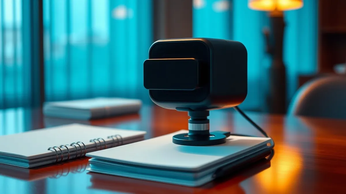 Illustration: A sleek video conferencing camera sits on a polished wooden desk, its lens covered by a sliding mechanical shutter.
