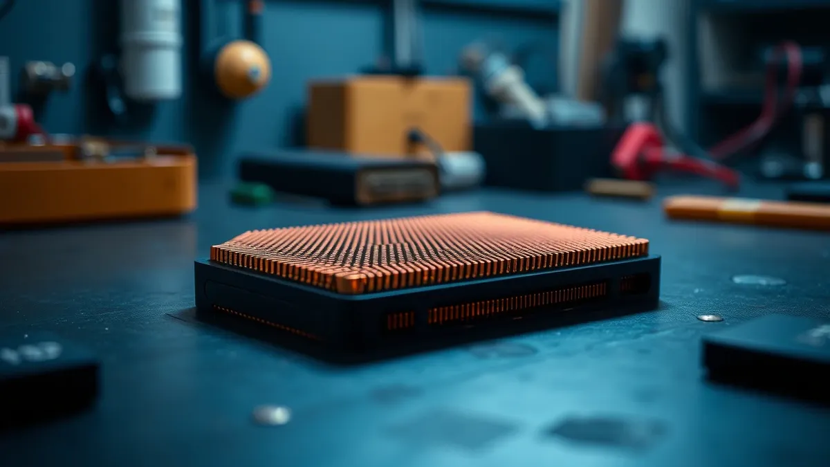 Illustration: A sleek black rectangular AI accelerator card sits on a workbench, its copper heat spreader reflecting soft ambient light.