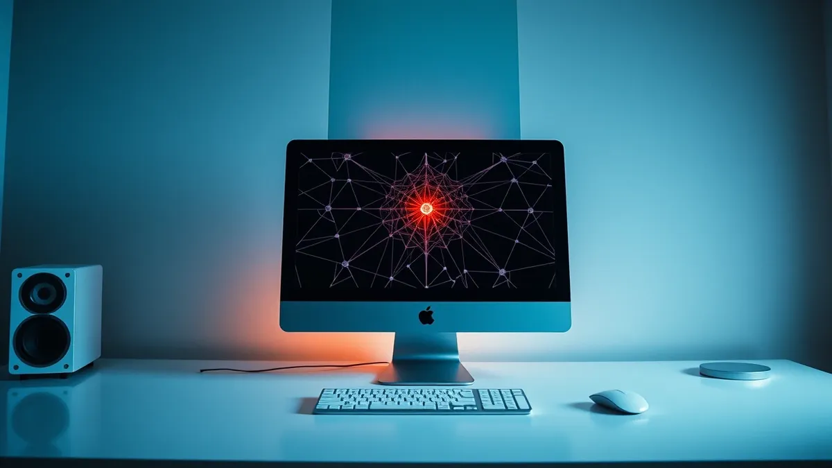 Illustration: A sleek, silver desktop computer sits on a clean white desk, its screen displaying a complex network of interconnected geometric nodes.