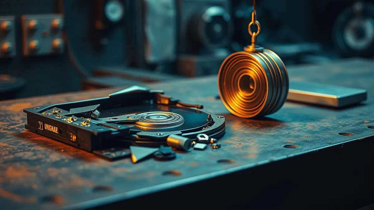 Illustration: A shattered hard drive sits on a steel workbench, its internal platters cracked and exposed to the air.
