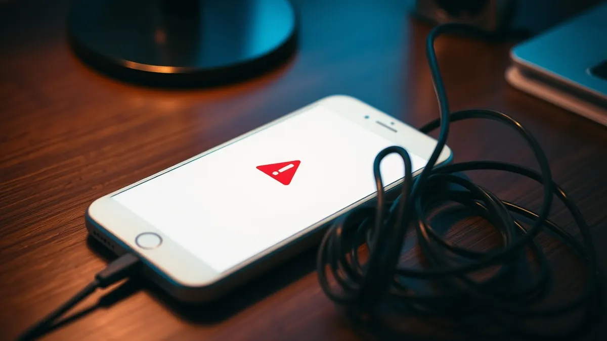 Illustration: A white smartphone sits on a wooden desk, displaying a blank white screen with a single red warning triangle in the center.