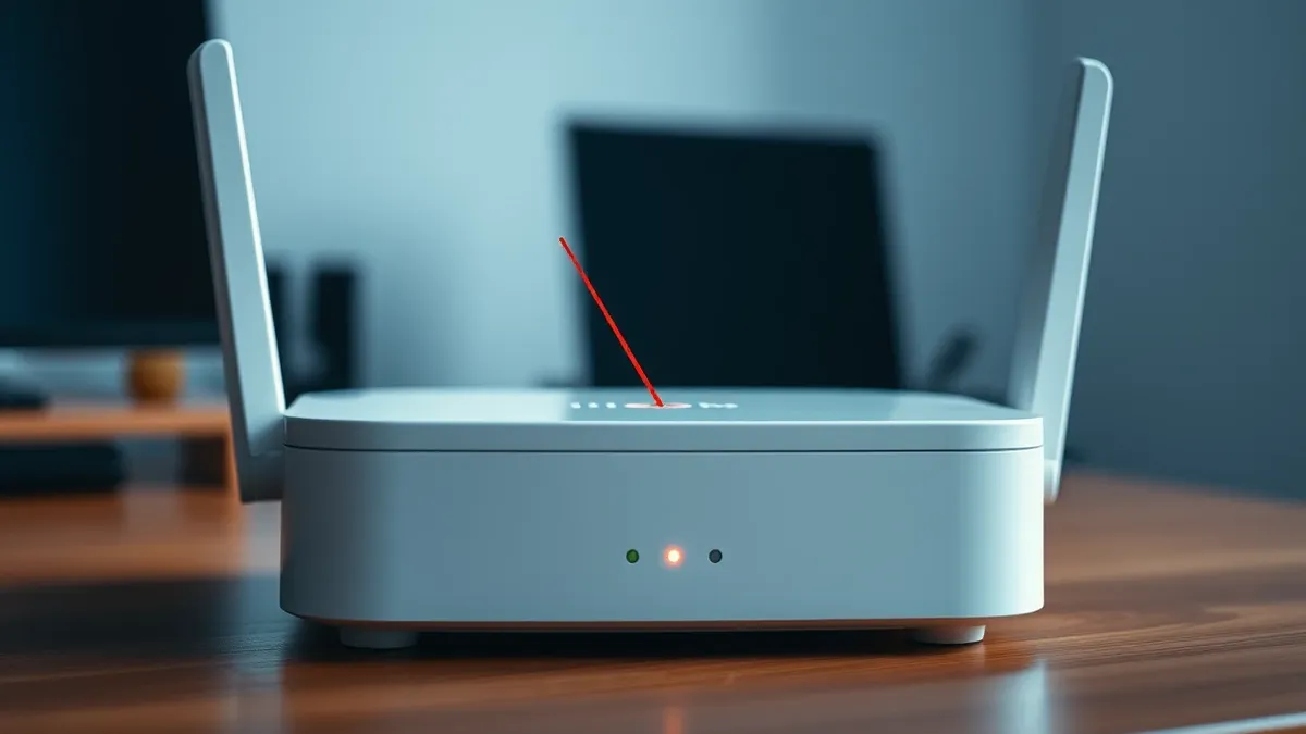 Illustration: A white wireless router sits on a clean wooden desk, its small status lights glowing steadily.