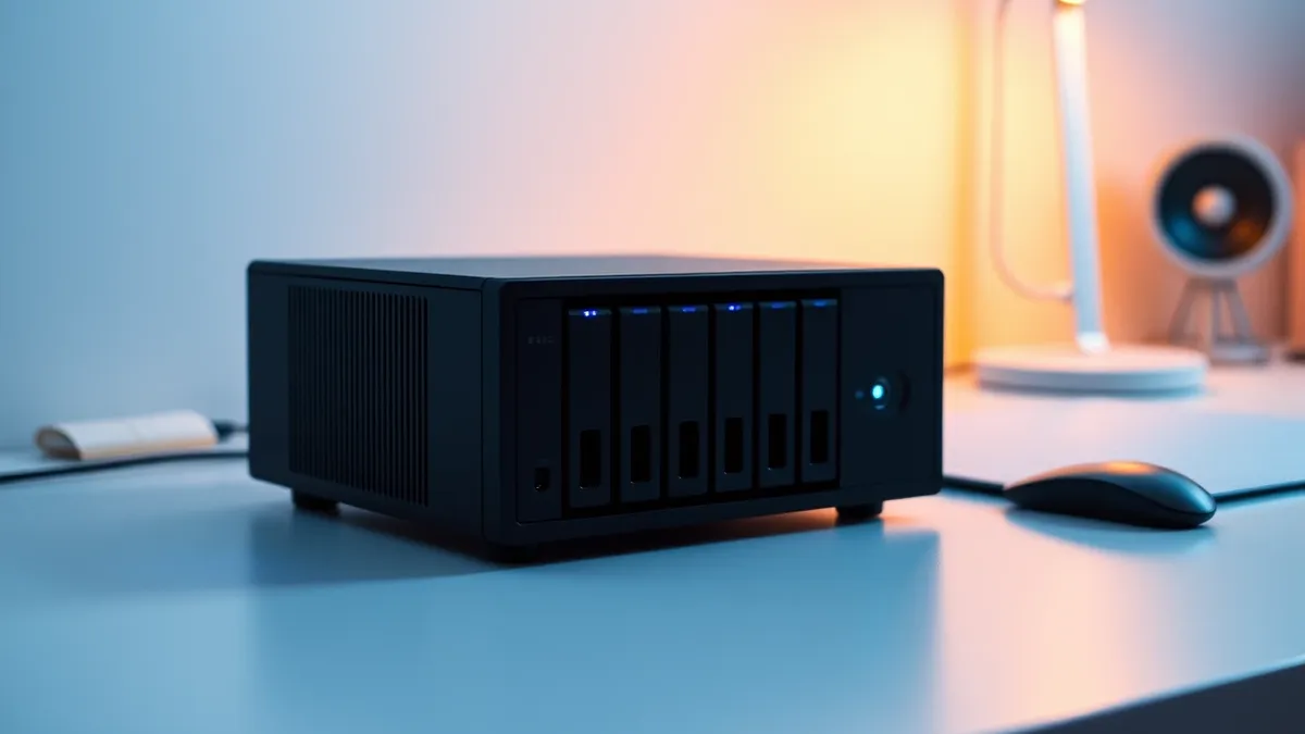 Illustration: A compact black network storage box sits on a clean white desk with its drive bay doors slightly ajar.