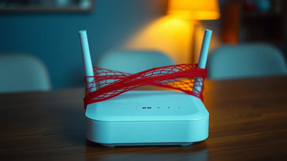 Illustration: A small, white Wi-Fi router sits on a wooden table.