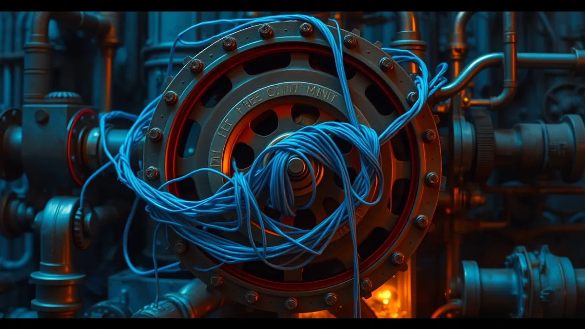 Illustration: A tangled knot of neon blue threads chokes a central spinning wheel, causing the surrounding mechanical gears to grind to a violent, frozen halt.