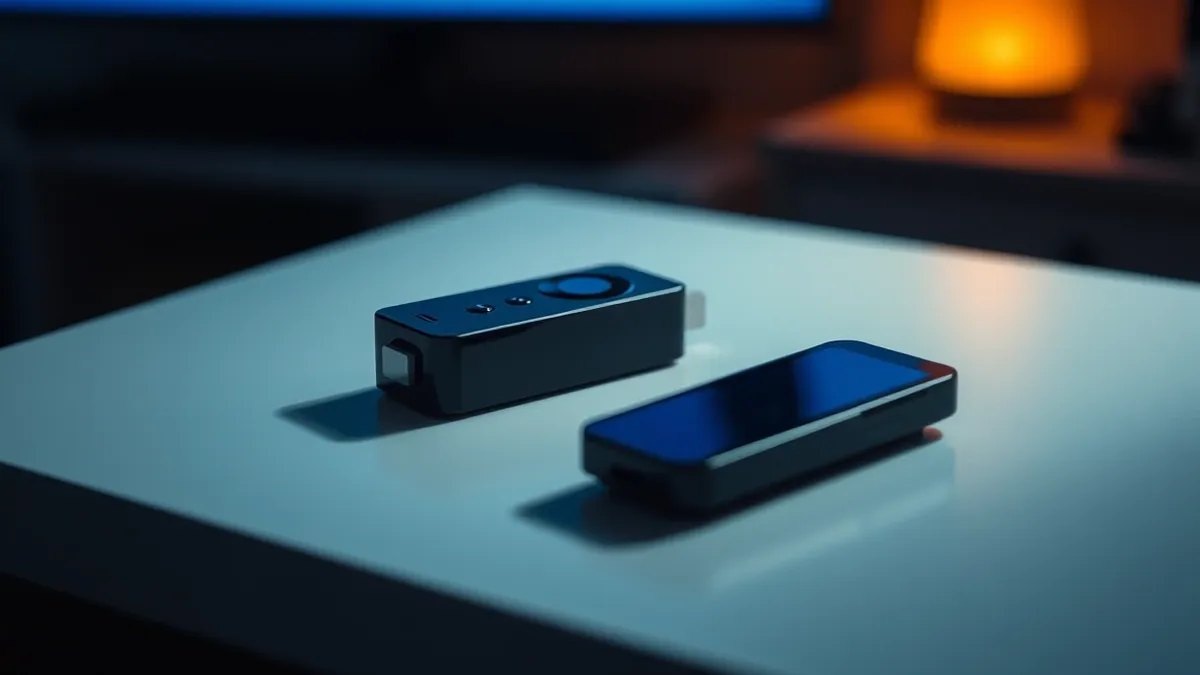 Illustration: A black rectangular streaming stick rests on a white surface beside its small remote.