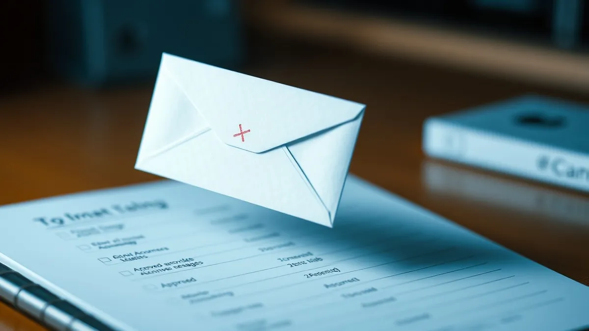 Illustration: A white envelope floats over a blank digital ledger.